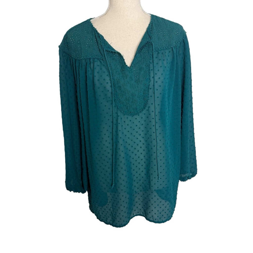 Matilda Jane Teal Blue Swiss Dot Eyelet Lace Tassel Tie Boho Blouse Small